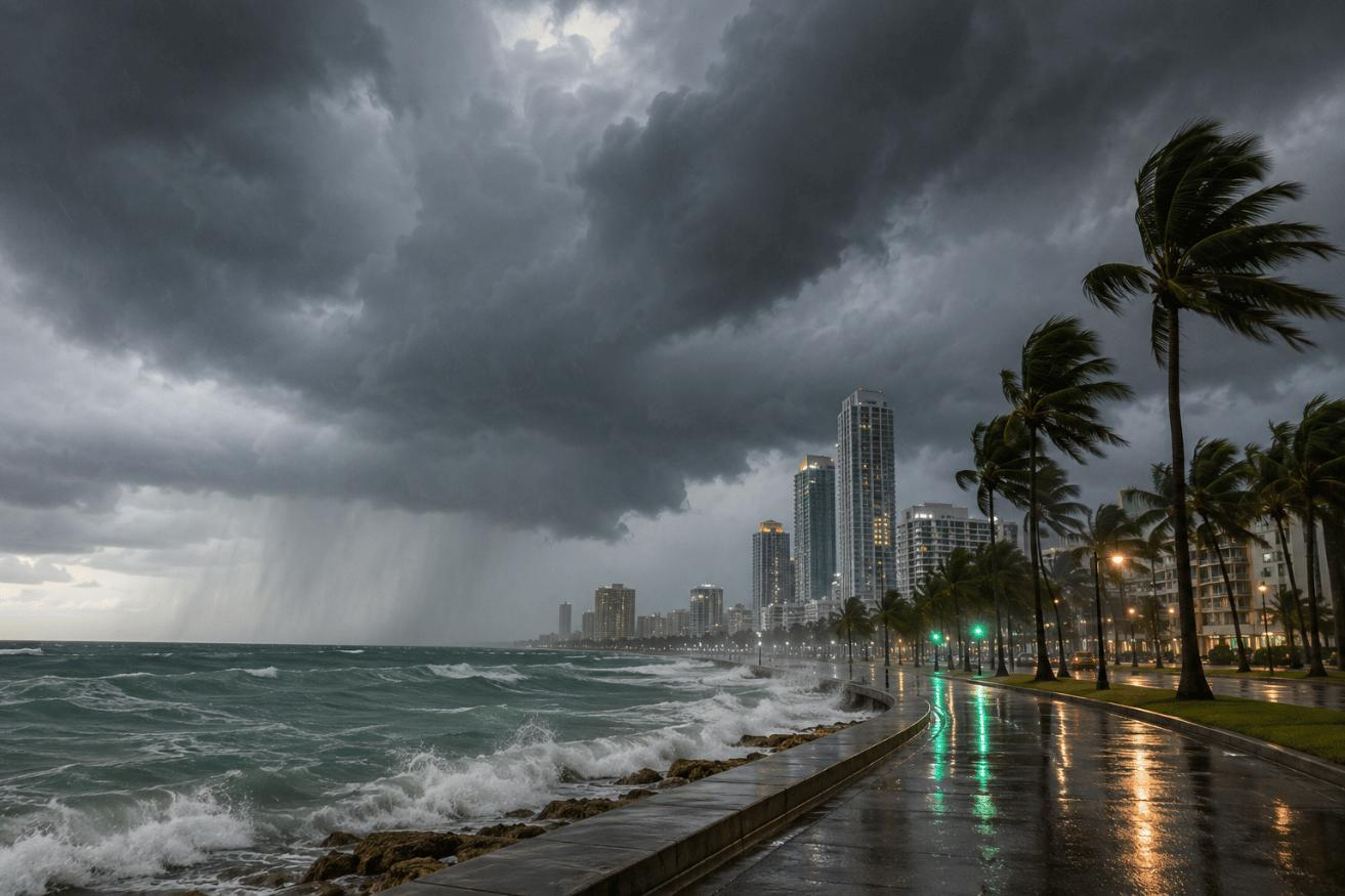 Storm clouds and rough seas along a coastal city