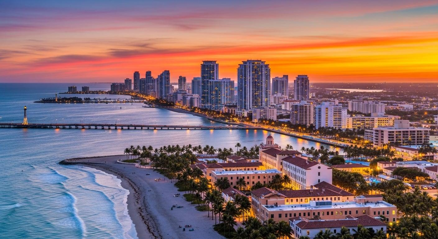 Coastal skyline at sunset, evoking the beauty of fictional Duschinni Beach