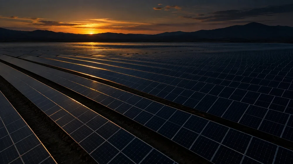 Rows of solar panels stretching toward the horizon at dusk