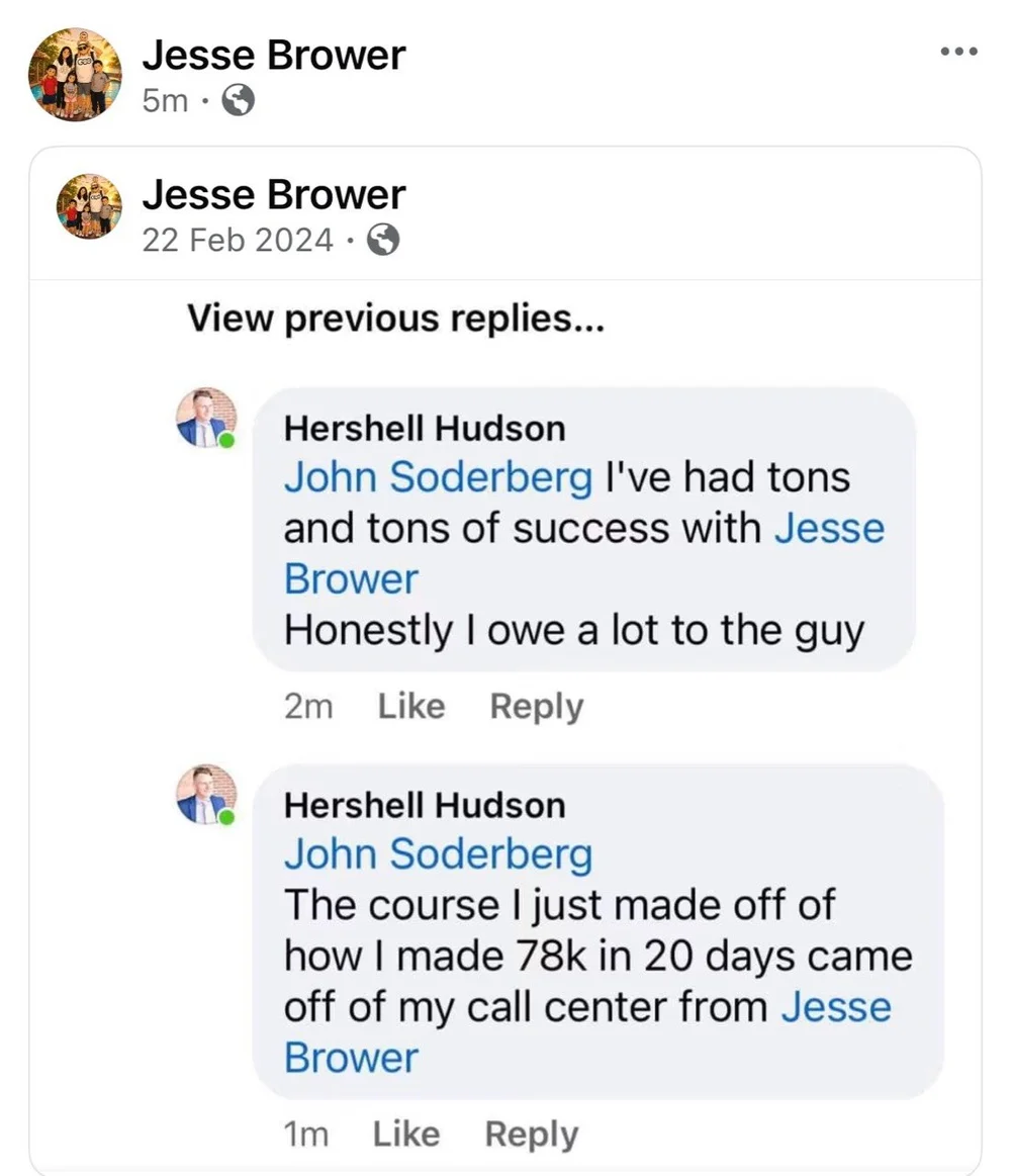 Original supplied screenshot: Hershell Hudson, Call center feedback