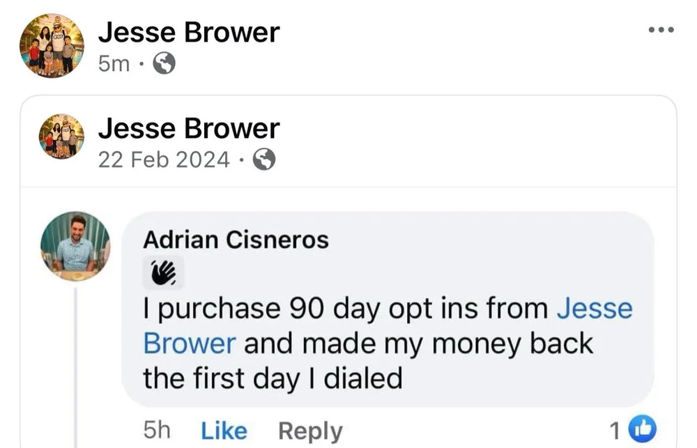 Original screenshot of Adrian Cisneros’s comment about buying leads from Jesse Brower