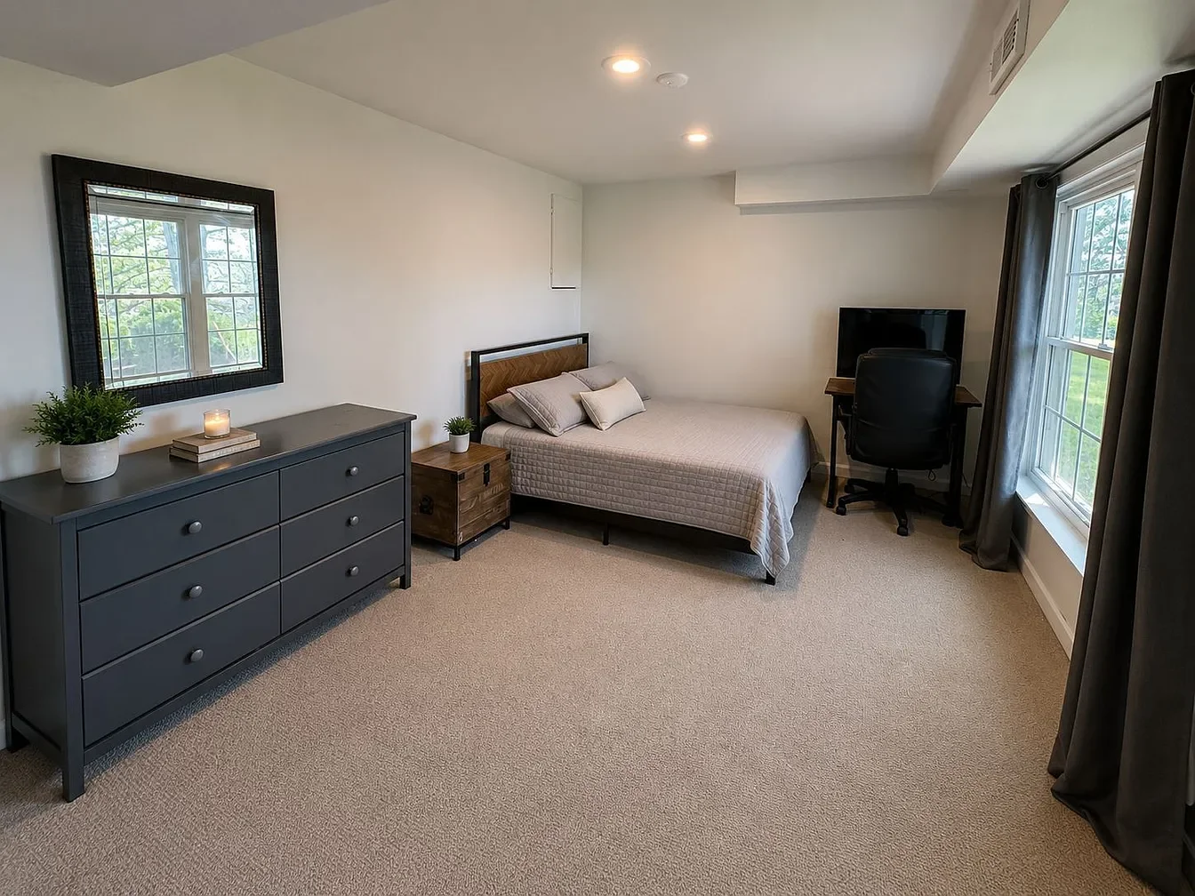 Bedroom with desk area and window views