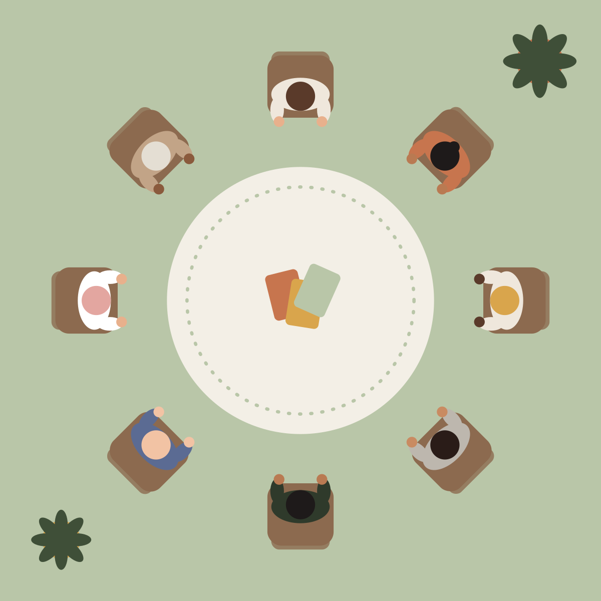 A circle of chairs seen from above, with conversation cards in the middle