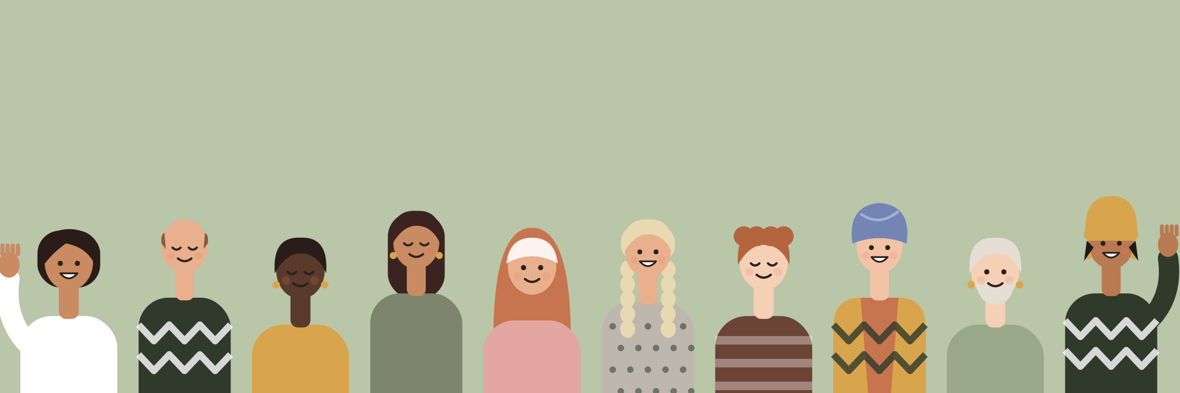 Illustration of ten people standing together, two waving