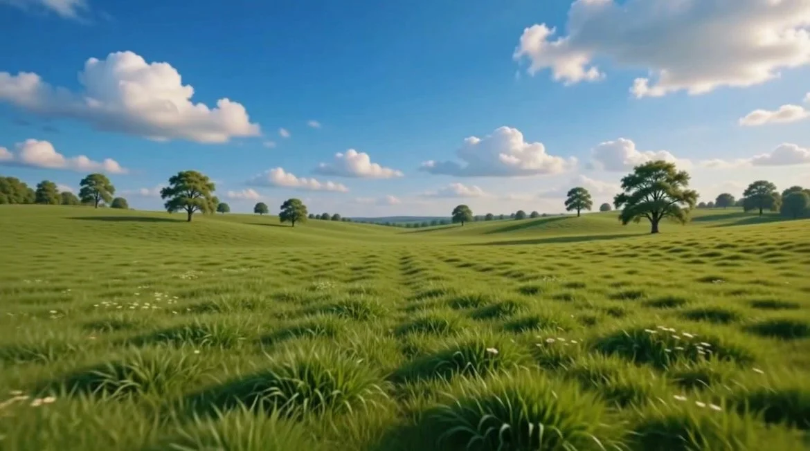 Zephyr’s signature meadow: sunlit green hills beneath a blue sky
