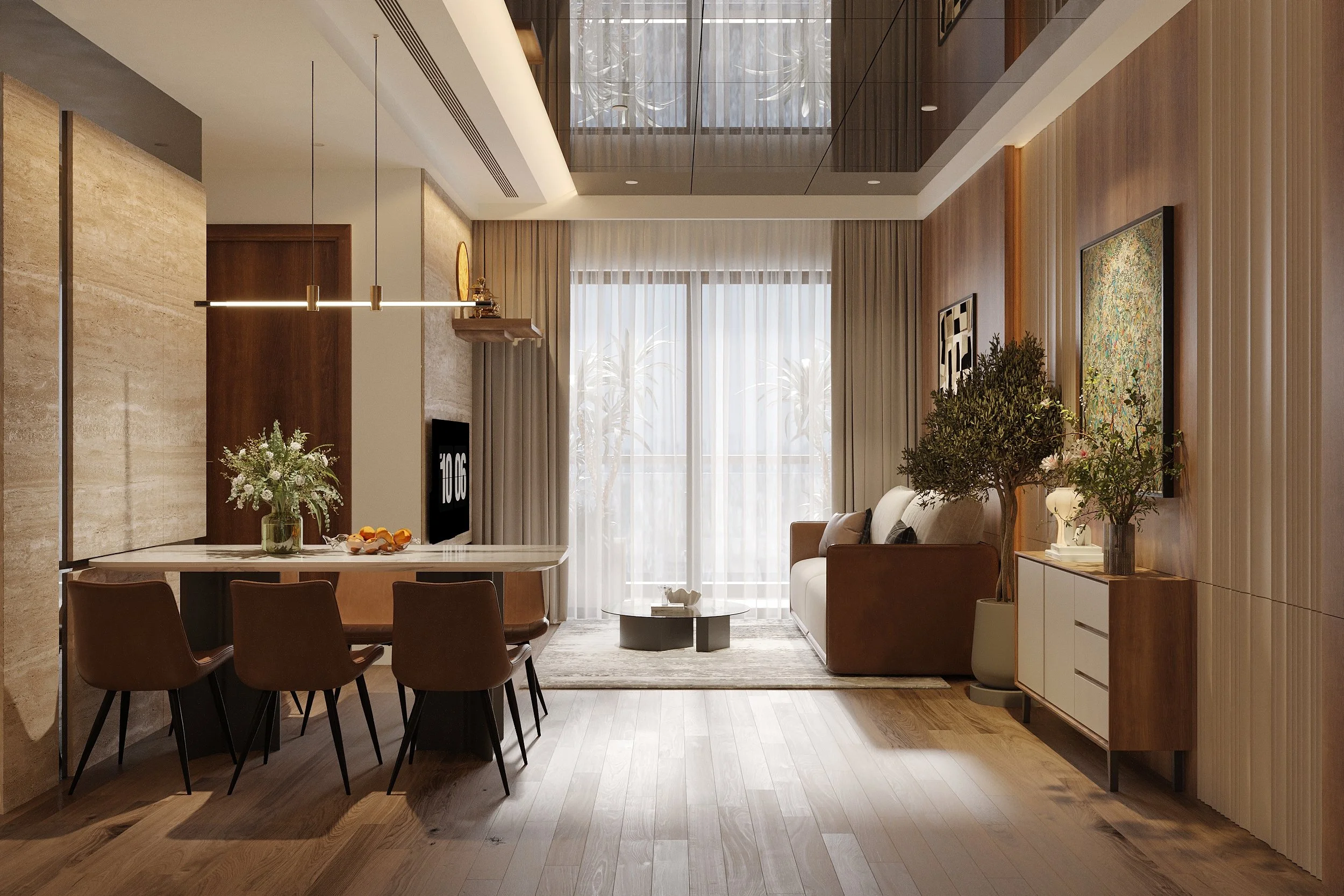 Phối cảnh thiết kế phòng khách và bếp ăn Sun Panoma 2 — chưa thi công