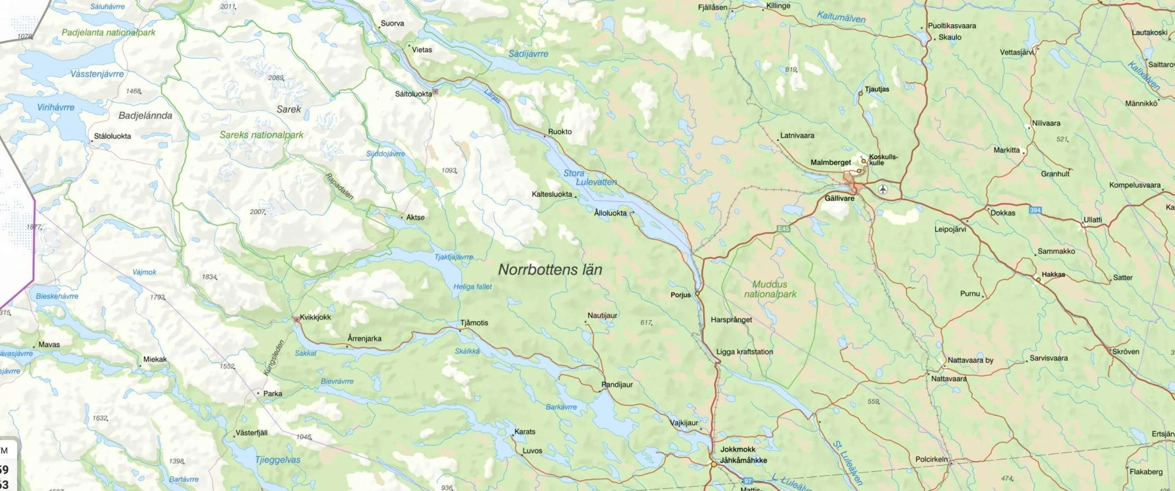 Map of Norrbotten from Sarek to Jokkmokk