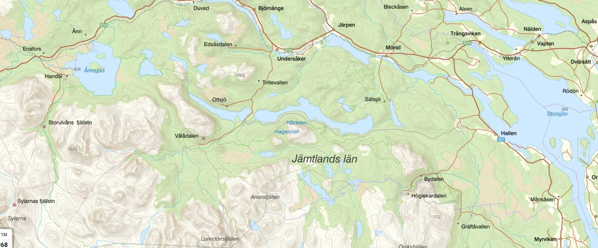 Map of western Jämtland around Ottsjö