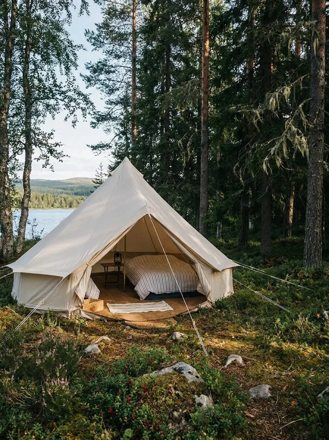 A canvas tent with a proper bed, in the forest above the lake