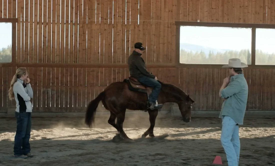Rider working a horse in a wooden arena