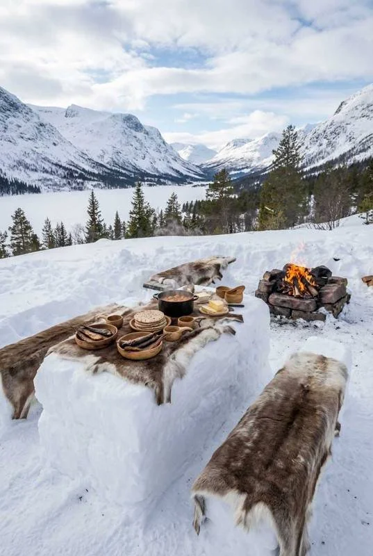 Fire and reindeer skins set out in the snow
