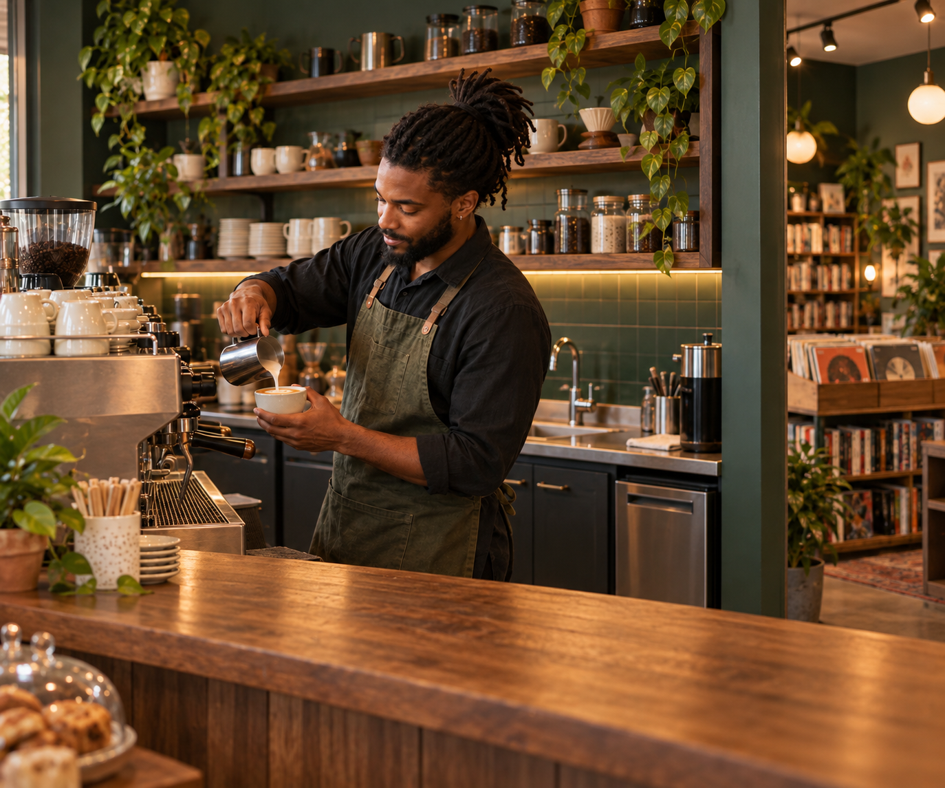 Barista preparing a latte inside a neighborhood coffee shop with books and vinyl records
