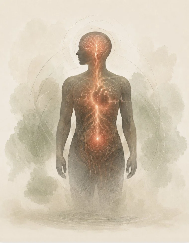 Artistic illustration of a human silhouette showing the brain, heart, and nervous system under stress