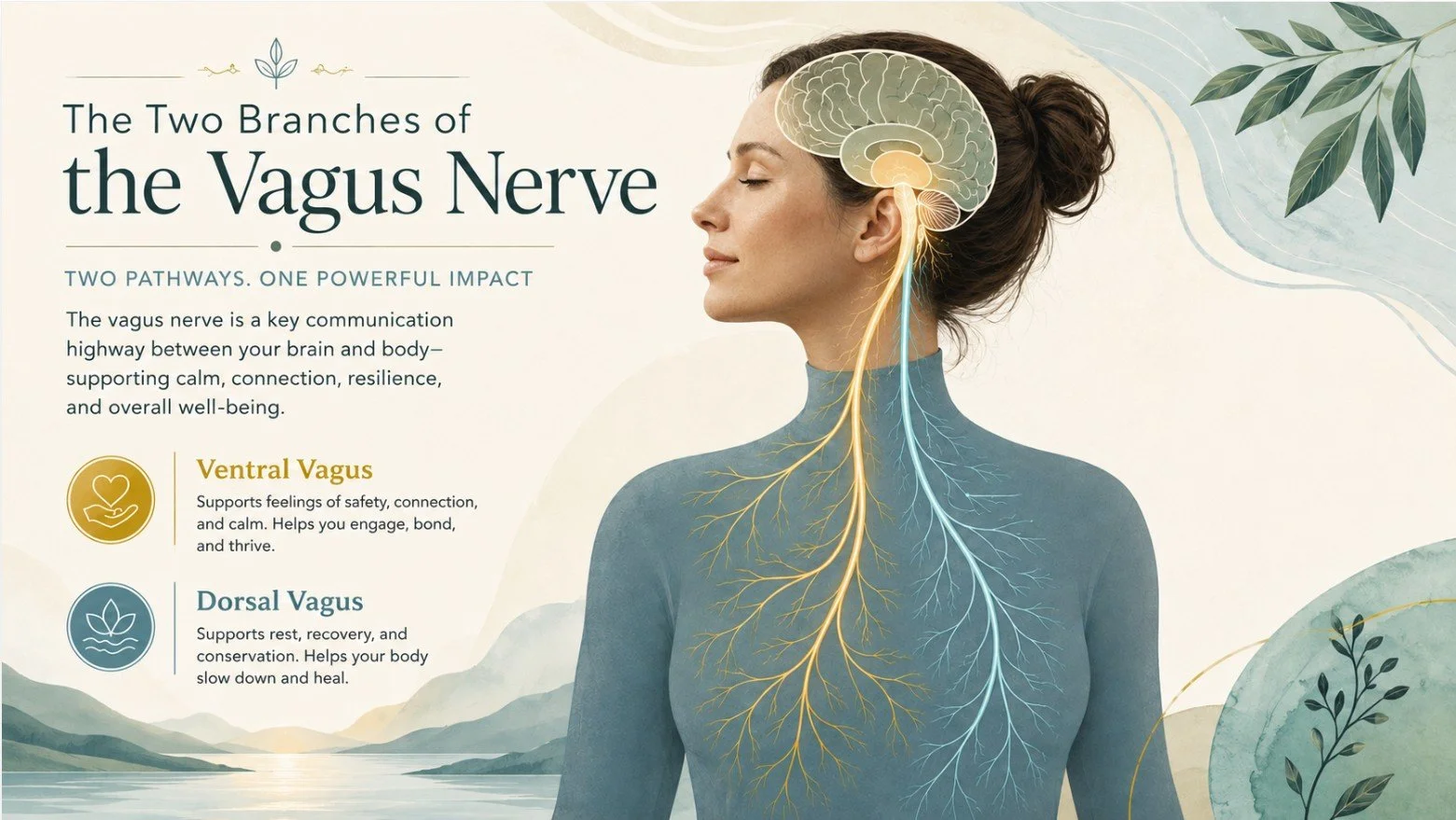 Infographic showing the two branches of the vagus nerve — ventral vagal and dorsal vagal