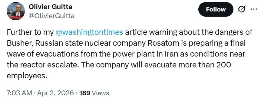 Olivier Guitta tweet: Rosatom evacuation Bushehr nuclear plant