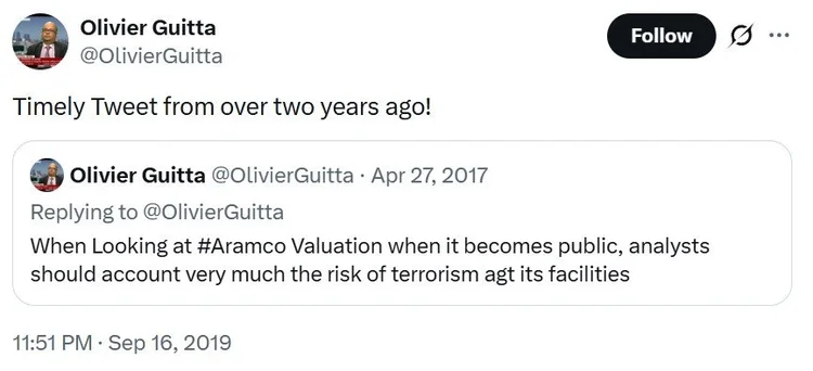 Olivier Guitta post, 2017: analysts valuing the Aramco IPO should account for the risk of terrorism against its facilities.