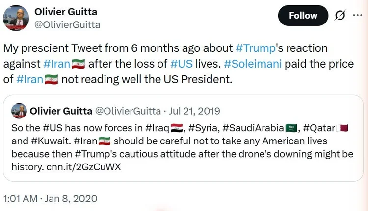 Olivier Guitta post, 2019: with US forces across the region, Iran should be careful not to take American lives or Trump's caution could change - six months before the Soleimani strike.