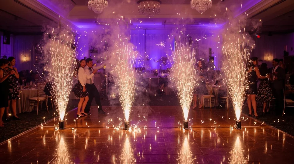 Cold spark fountains at a wedding reception