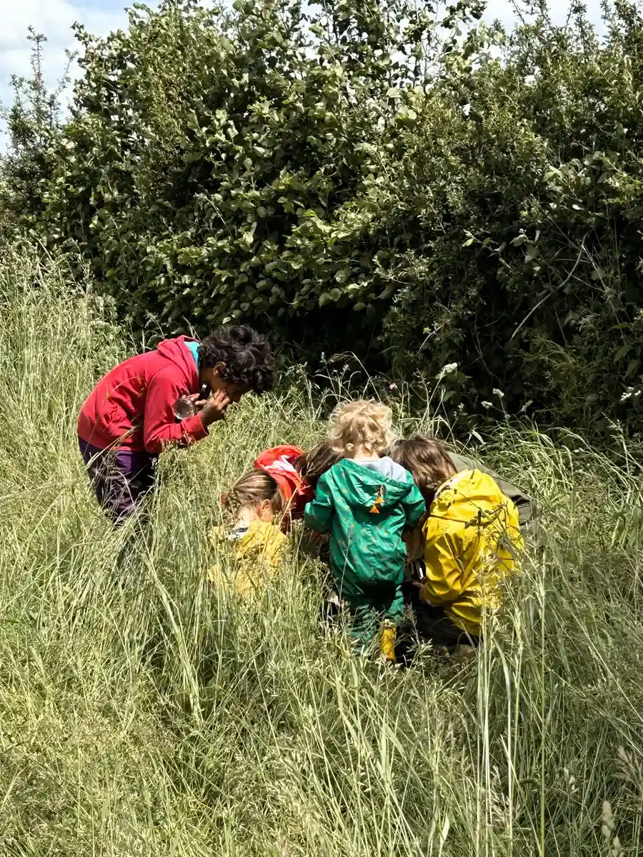 Children in wellies crouched in long grass examining wildlife near a hedgerow at Eyton Burrow