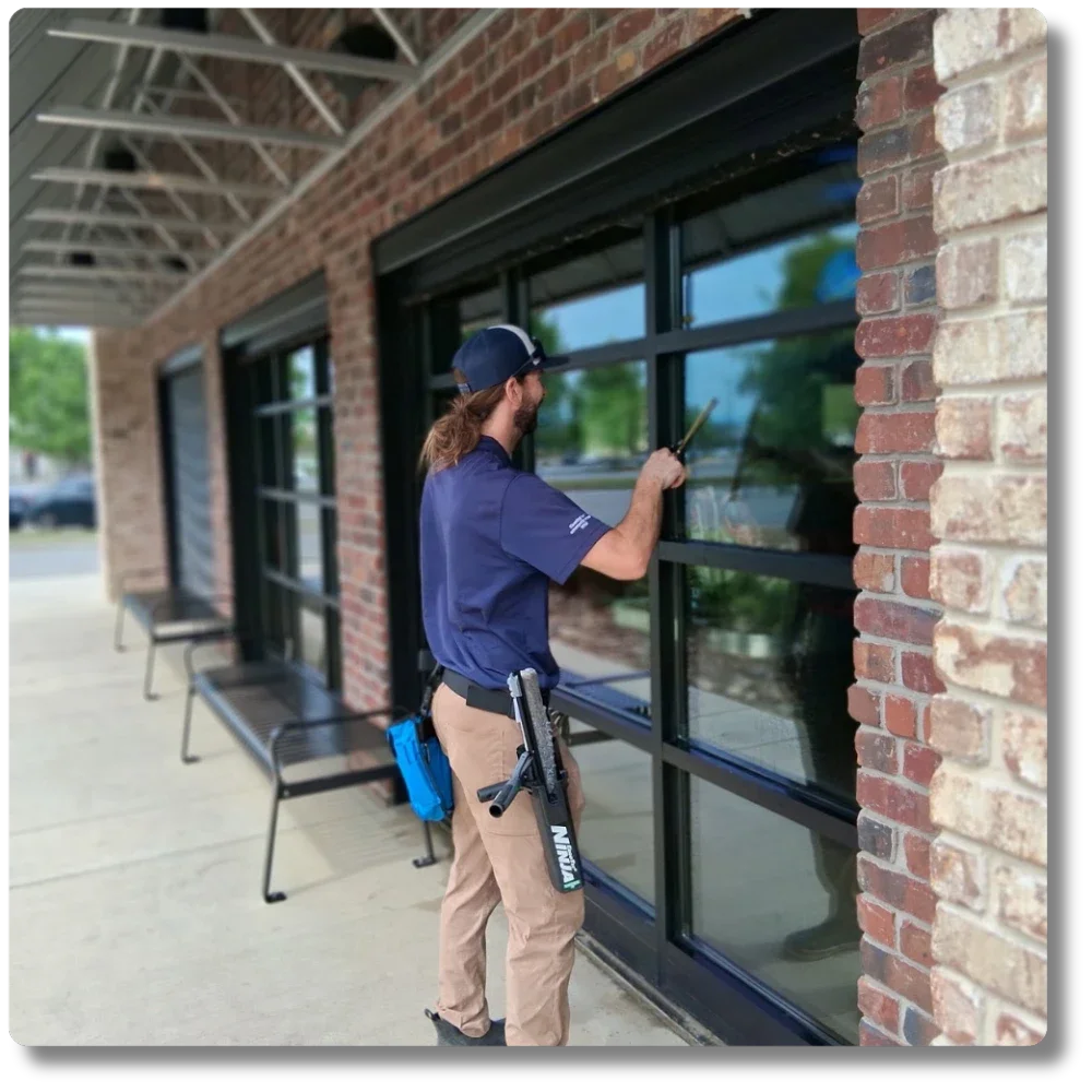 Hot Shot Pressure Washing technician cleaning commercial storefront windows in Salem VA