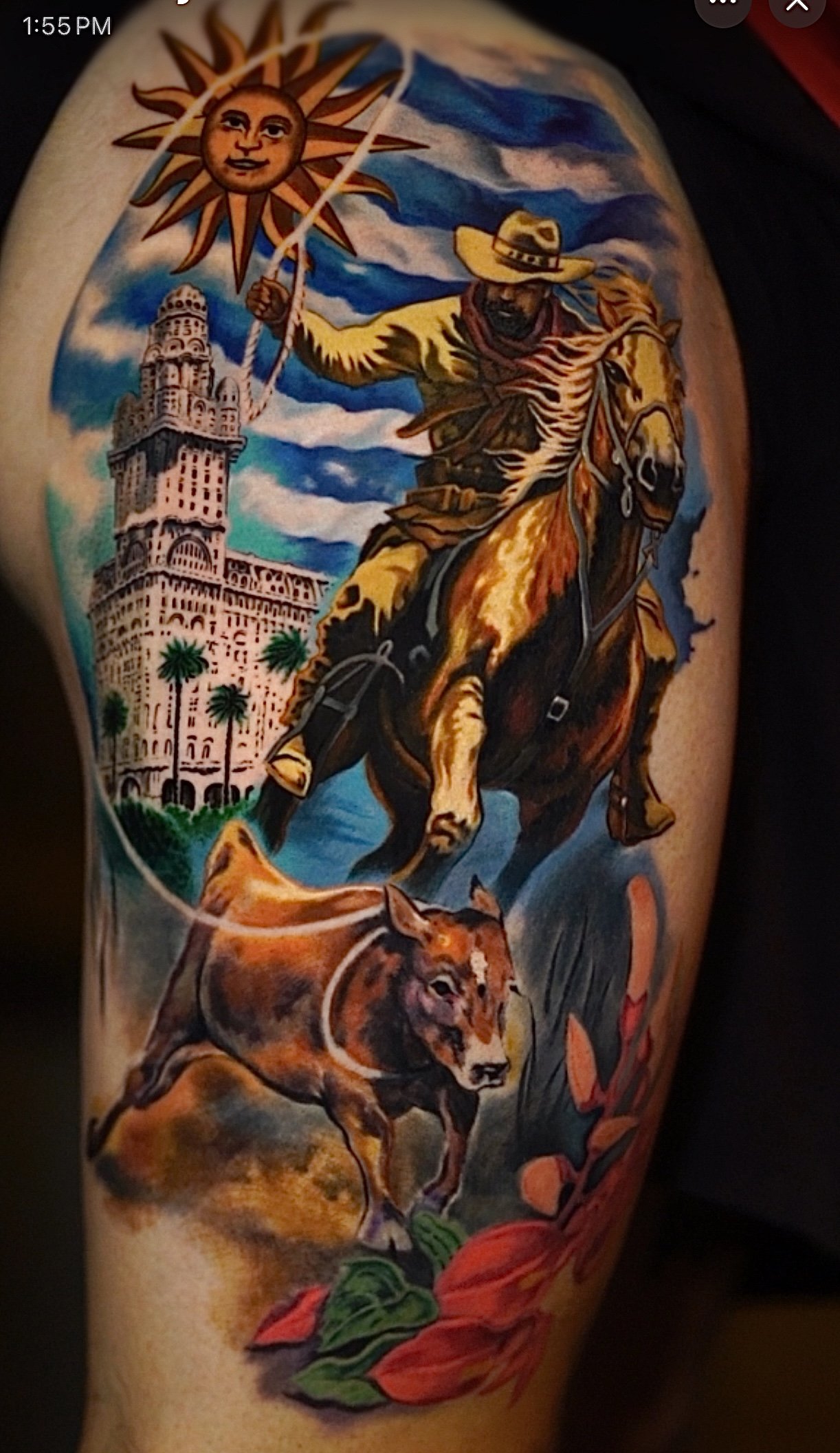 Color Cuban cowboy and Havana themed upper-arm tattoo at Black Craft Tattoo Collective in Charlotte, NC.
