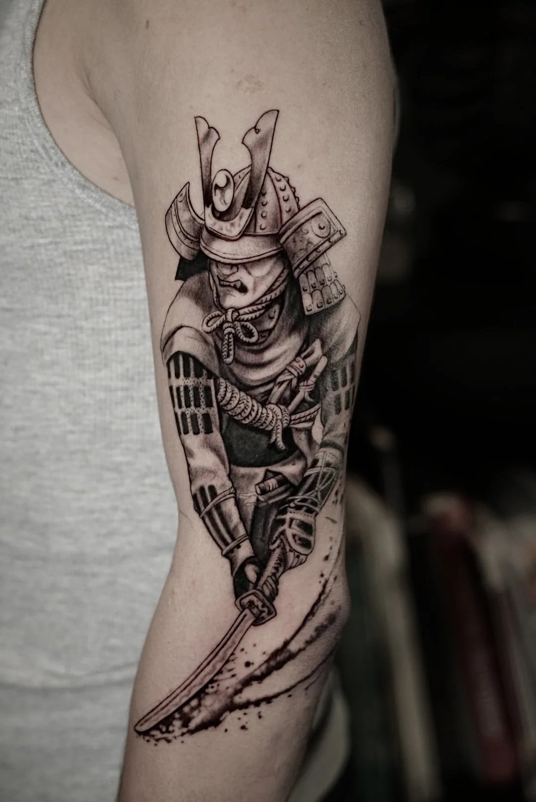 Black-and-gray samurai forearm tattoo at Black Craft Tattoo Collective in Charlotte, NC.