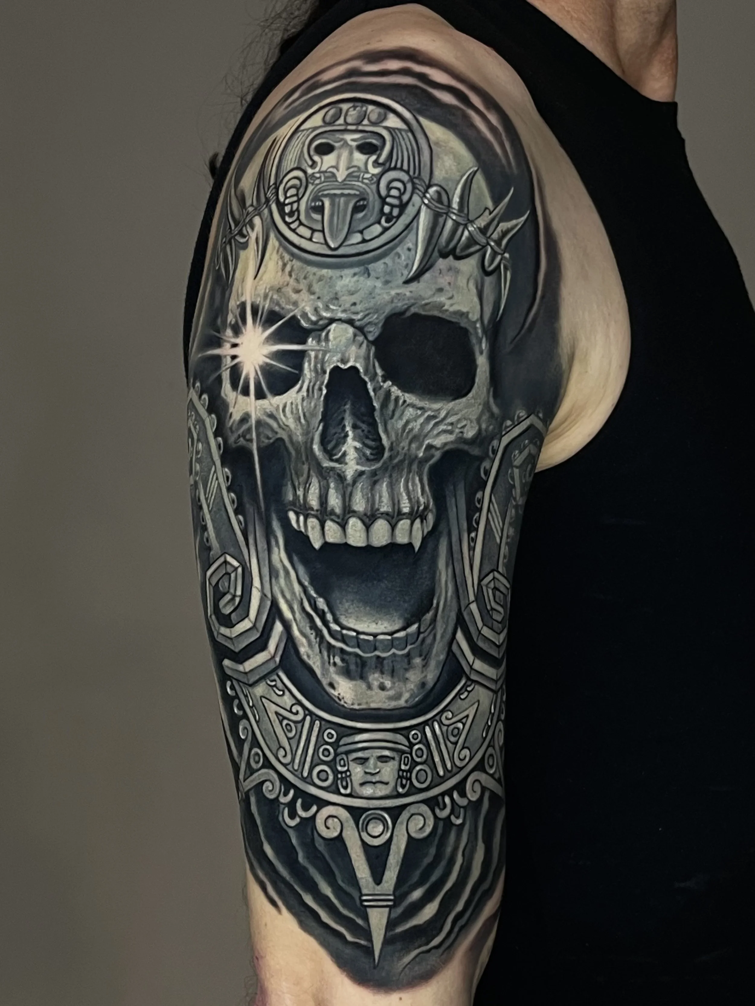 Finished skull tattoo cover-up by Black Craft Tattoo Collective in Charlotte