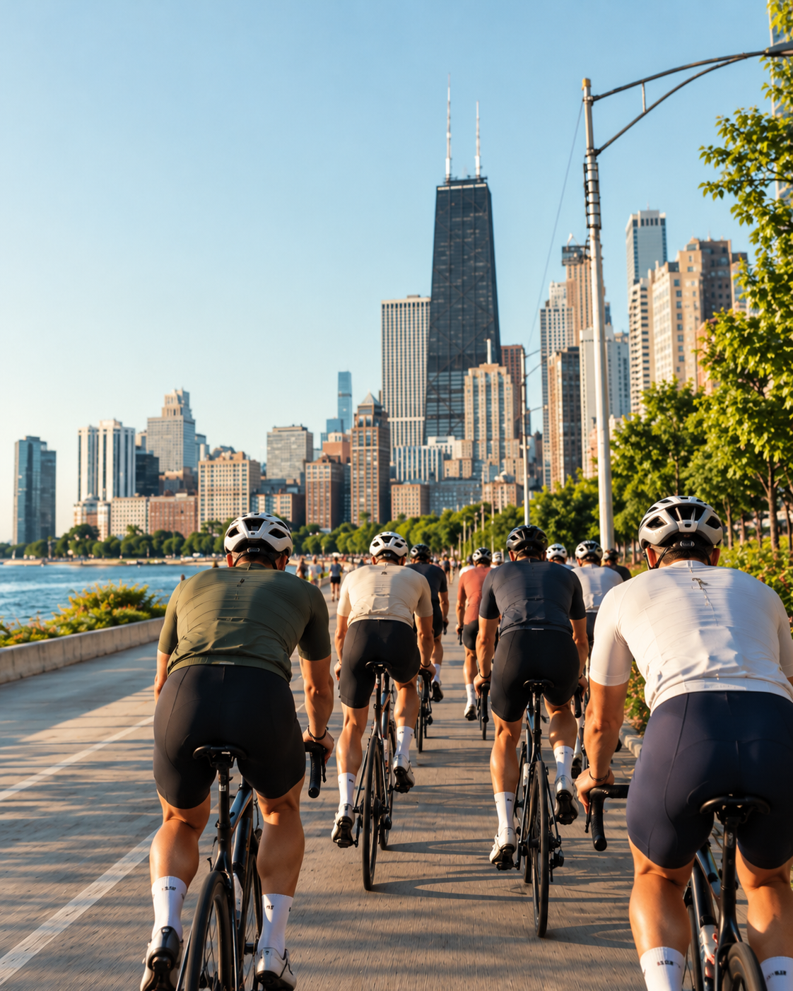 Cyclists riding the Lakefront Trail toward the Chicago skyline