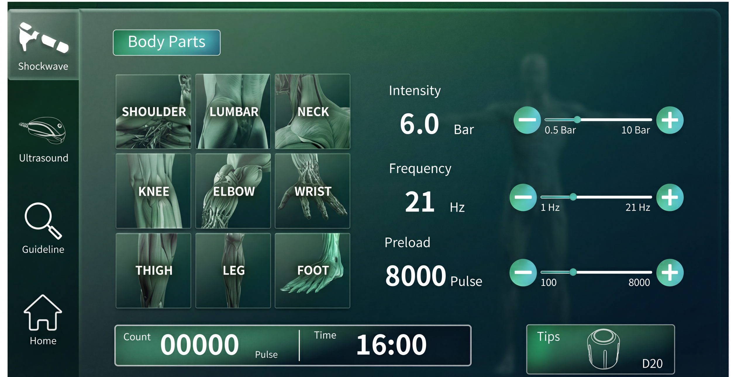 OrthoWave interface — body-part specific protocols