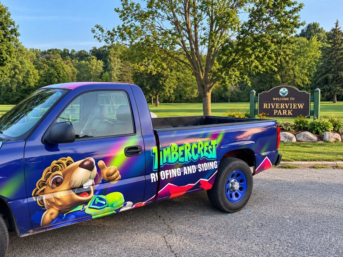 Timbercrest mascot on branded apparel and signage