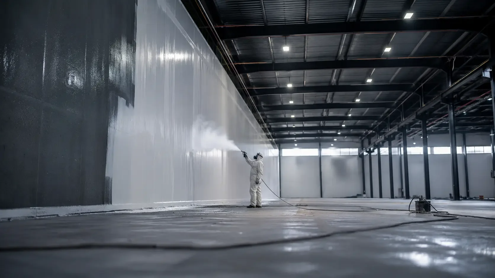 Industriële spuitwerken in actie in een Belgisch magazijn door Master Coating