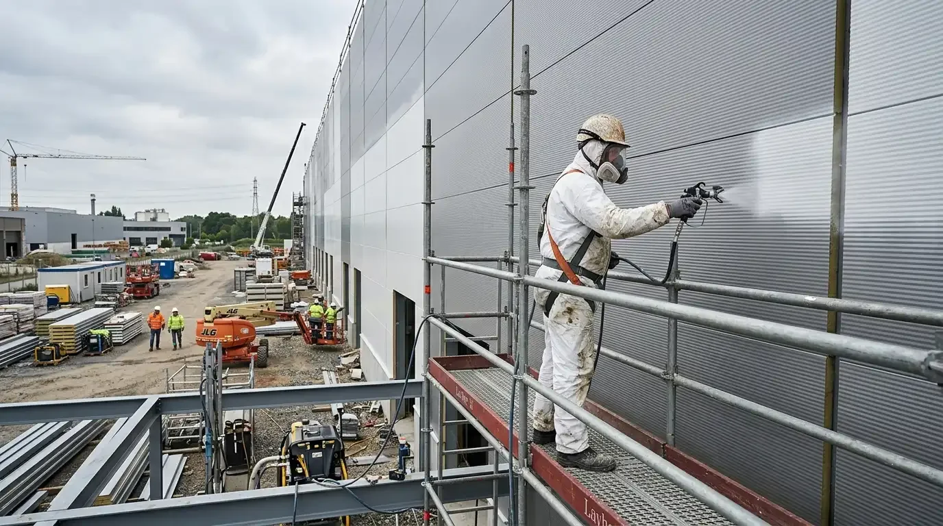 Industrieel spuitwerk gevel magazijn Gent — grote oppervlakten kanaalzone