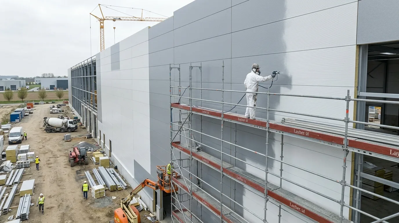 Industrieel spuitwerk op grote gevel van magazijn — Master Coating
