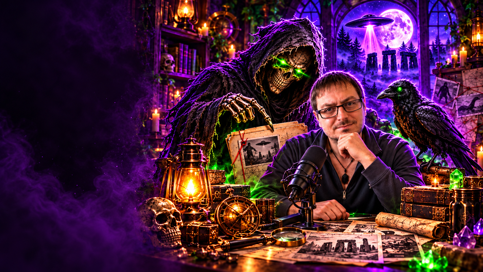 Mark at the microphone with Grim and their raven in a purple-lit gothic studio