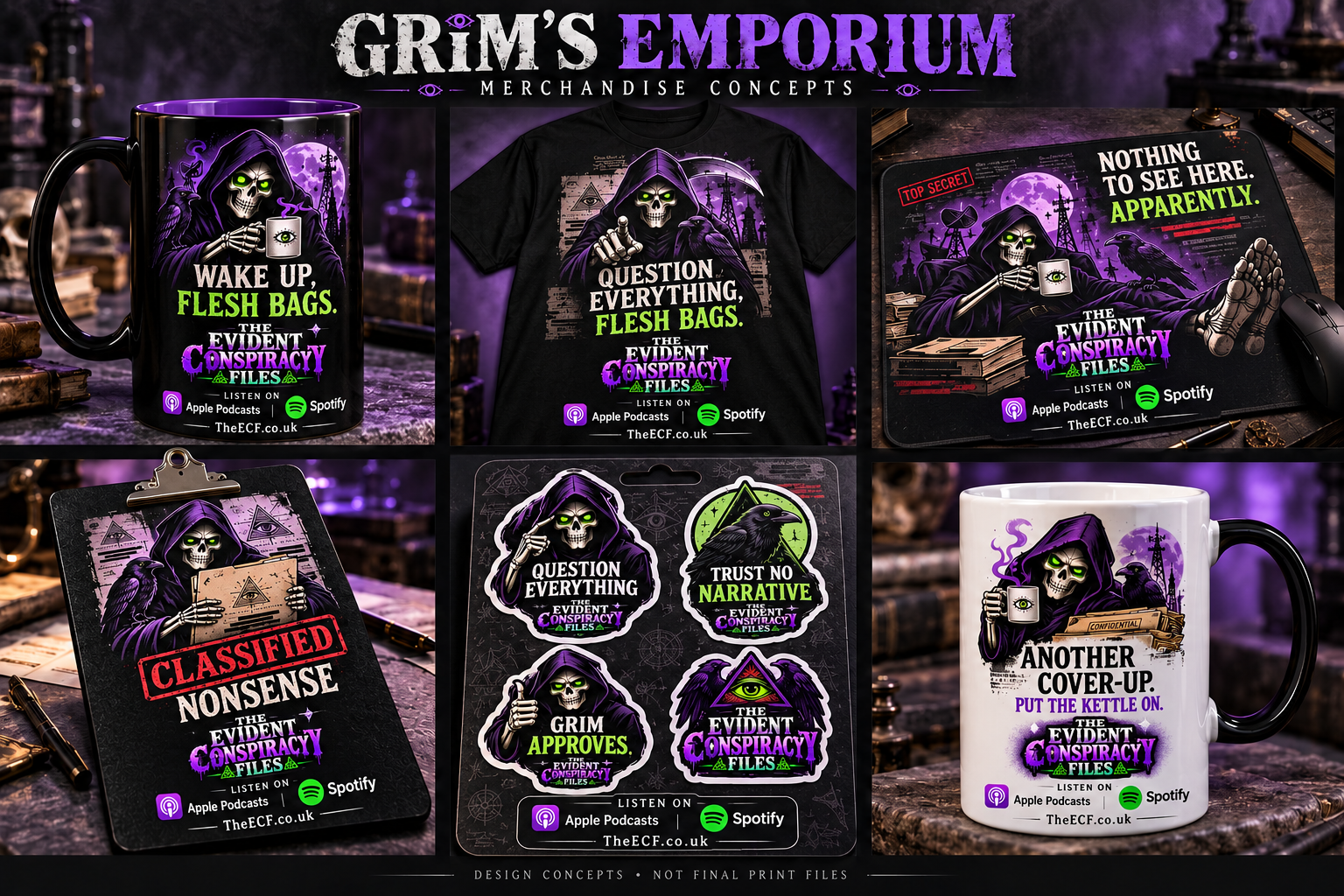 Grim’s Emporium merchandise concepts: mugs, T-shirt, mouse pad, clipboard and stickers