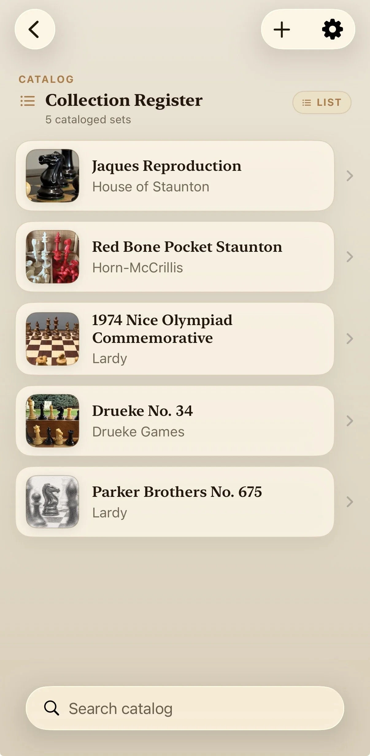 ChessCatalog Collection Register list view