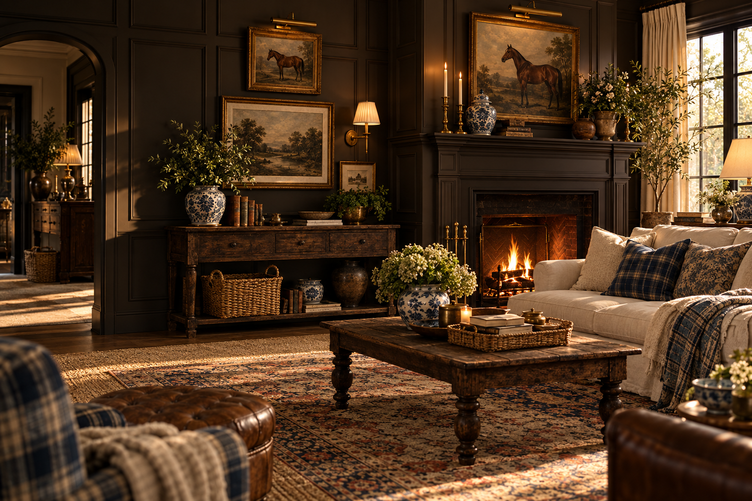 A warm, collected living room with vintage artwork, rich wood, and a glowing fireplace