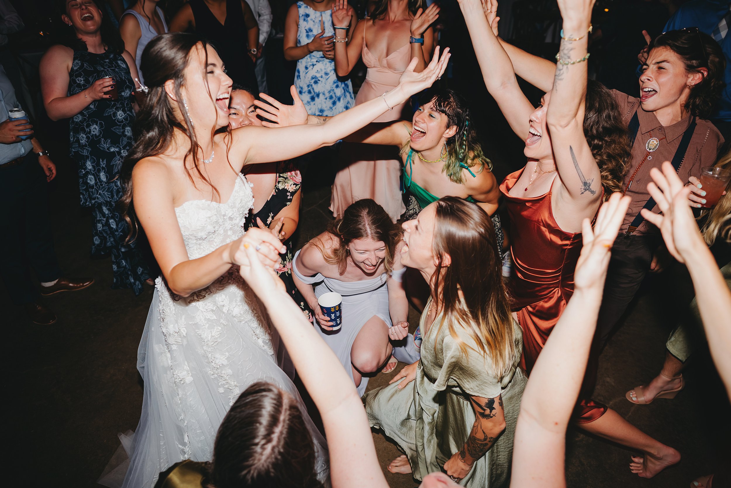 Wedding guests celebrating on the dance floor