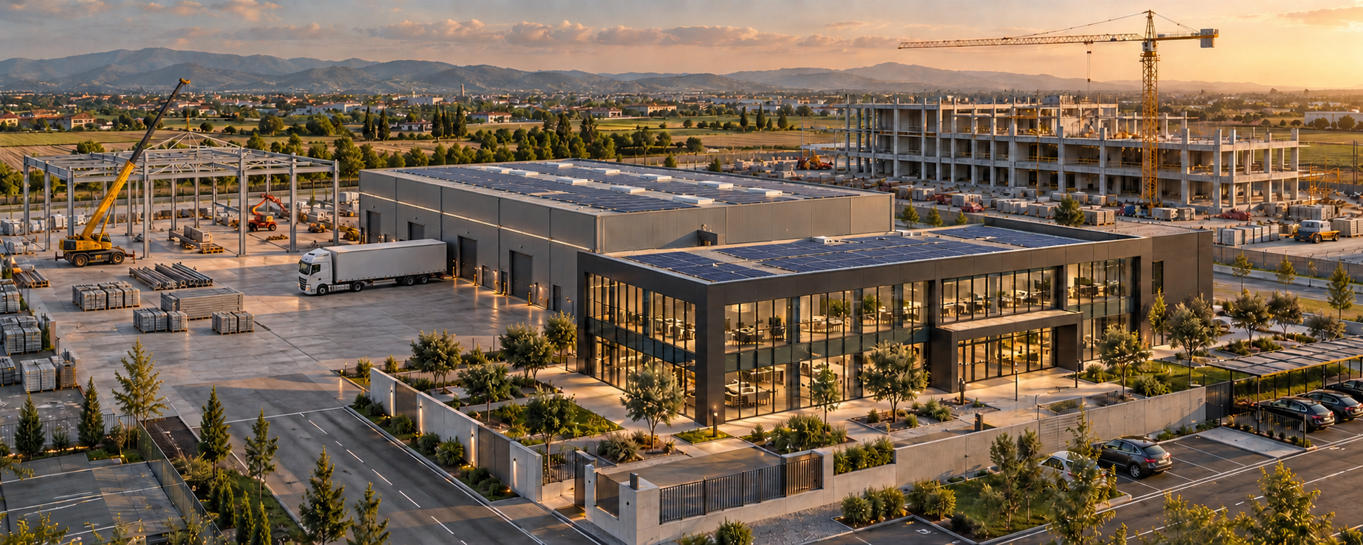 Rendering illustrativo di complesso industriale con copertura fotovoltaica, facciata vetrata e struttura in costruzione