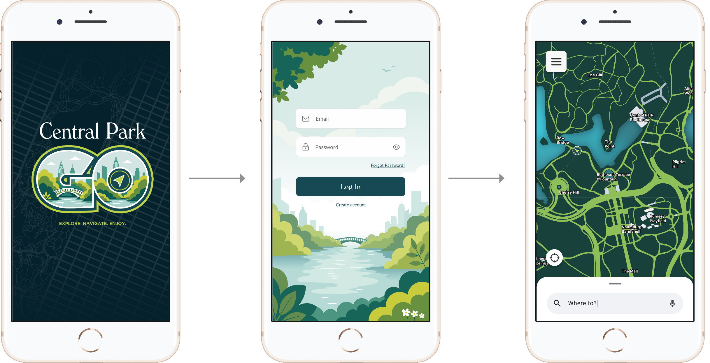 Central Park Go final app screens set 1
