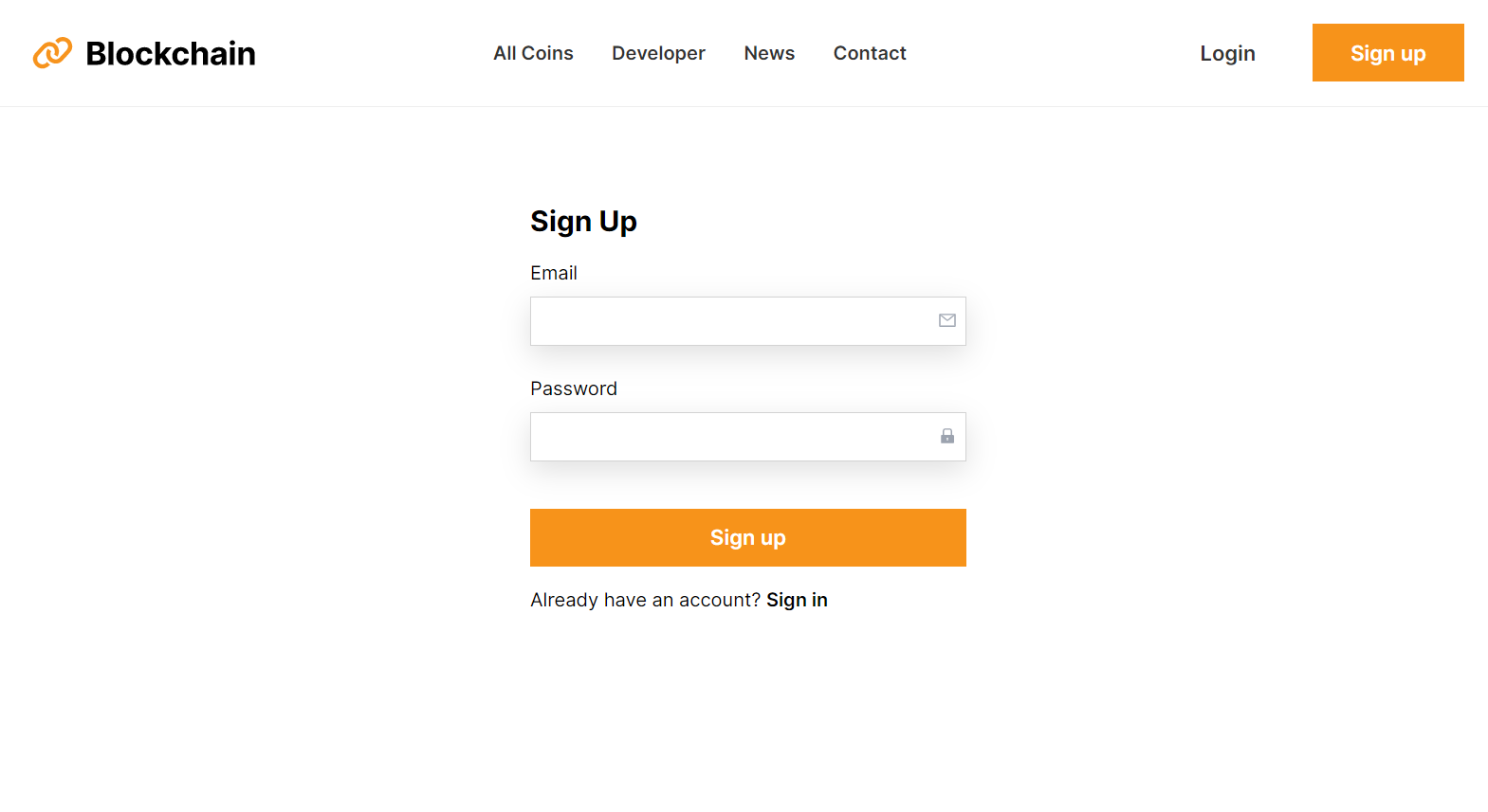 Blockchain sign up page