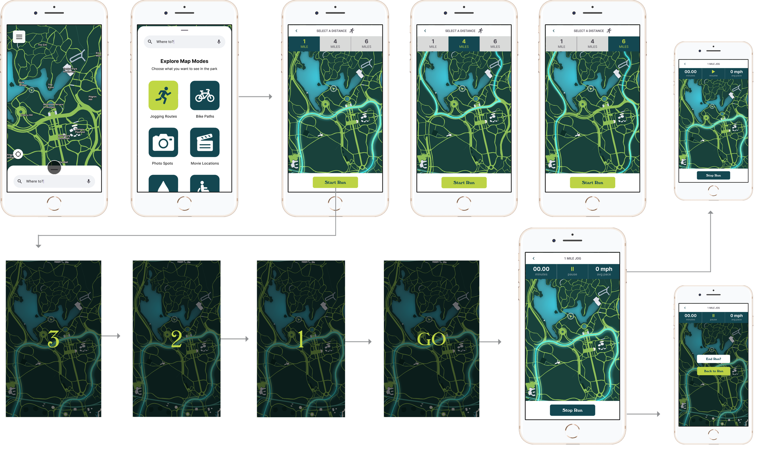 Central Park Go final app screens set 2