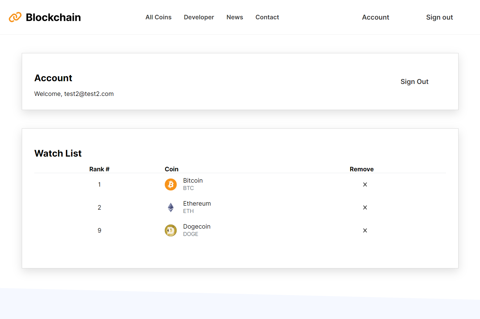Blockchain account page