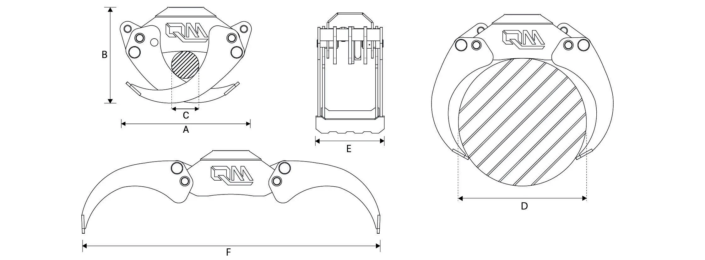 QM PZ Series Log Grab Engineering Dimension Layout Blueprint Diagram
