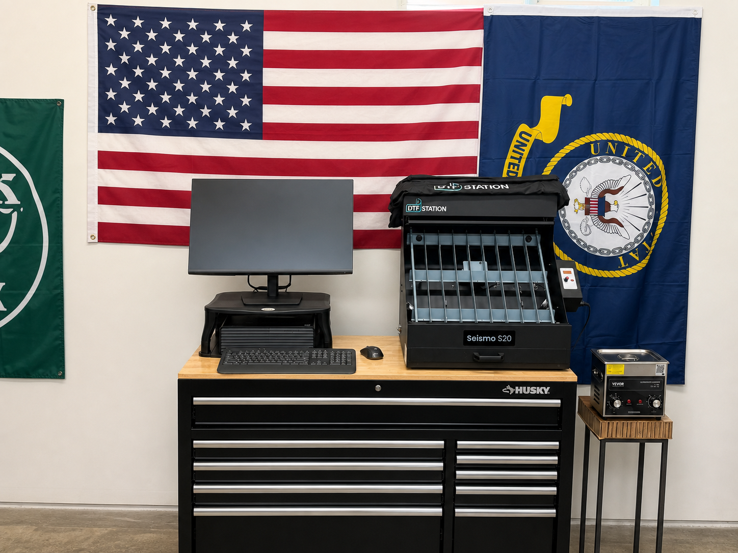 Sound & Steel desktop workstation, finishing station, ultrasonic cleaner, and flags