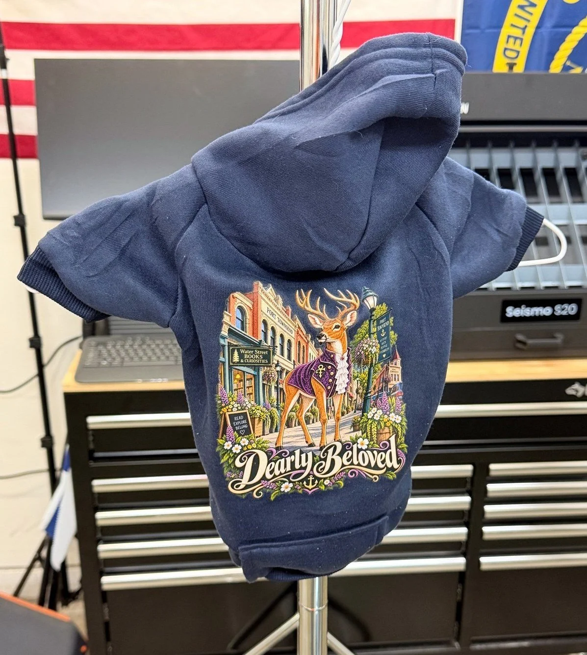 Navy dog hoodie, back print