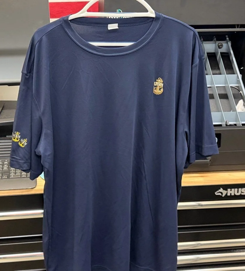 Navy tee, chest and sleeve prints