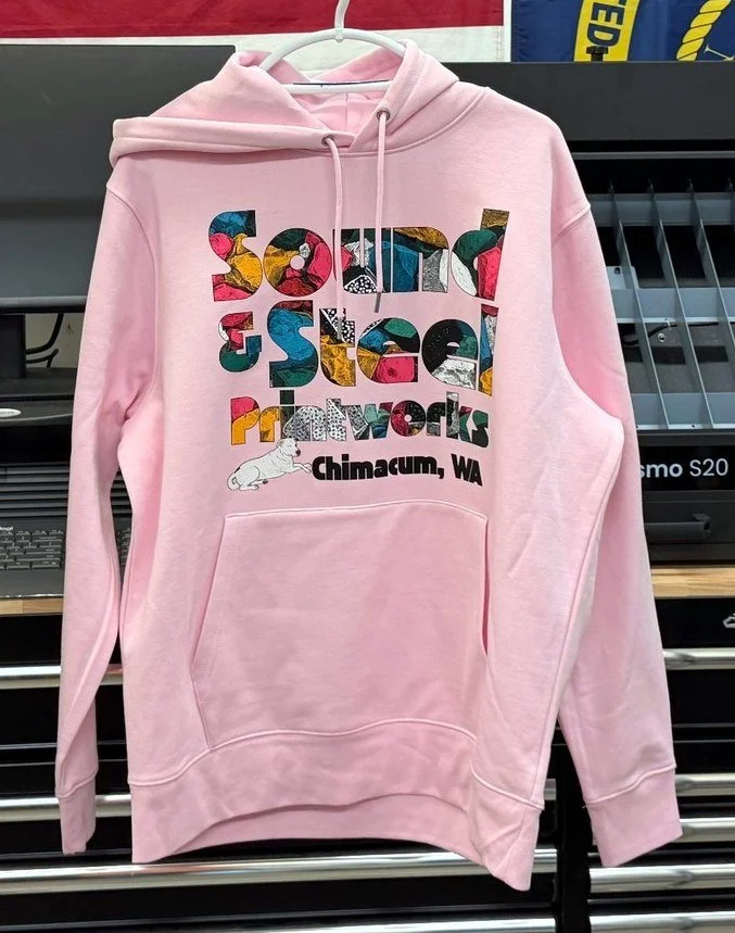 Pink hoodie, front print