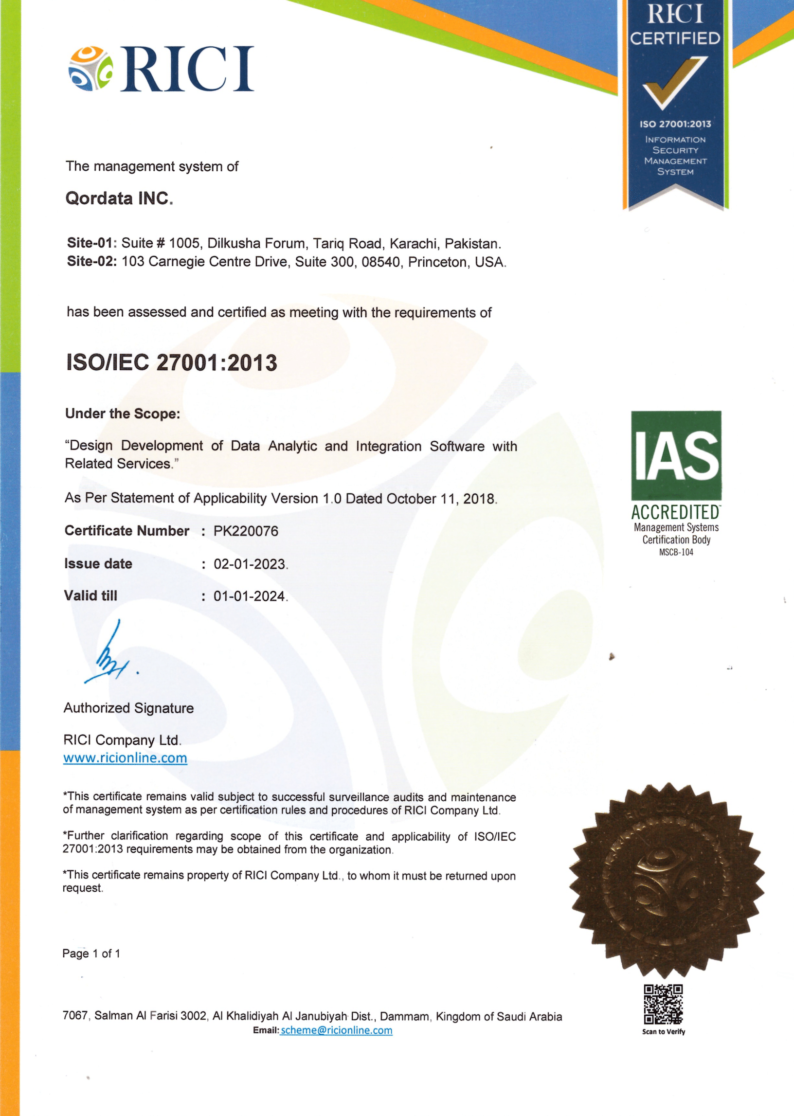 Qordata ISO/IEC 27001:2013 Certification