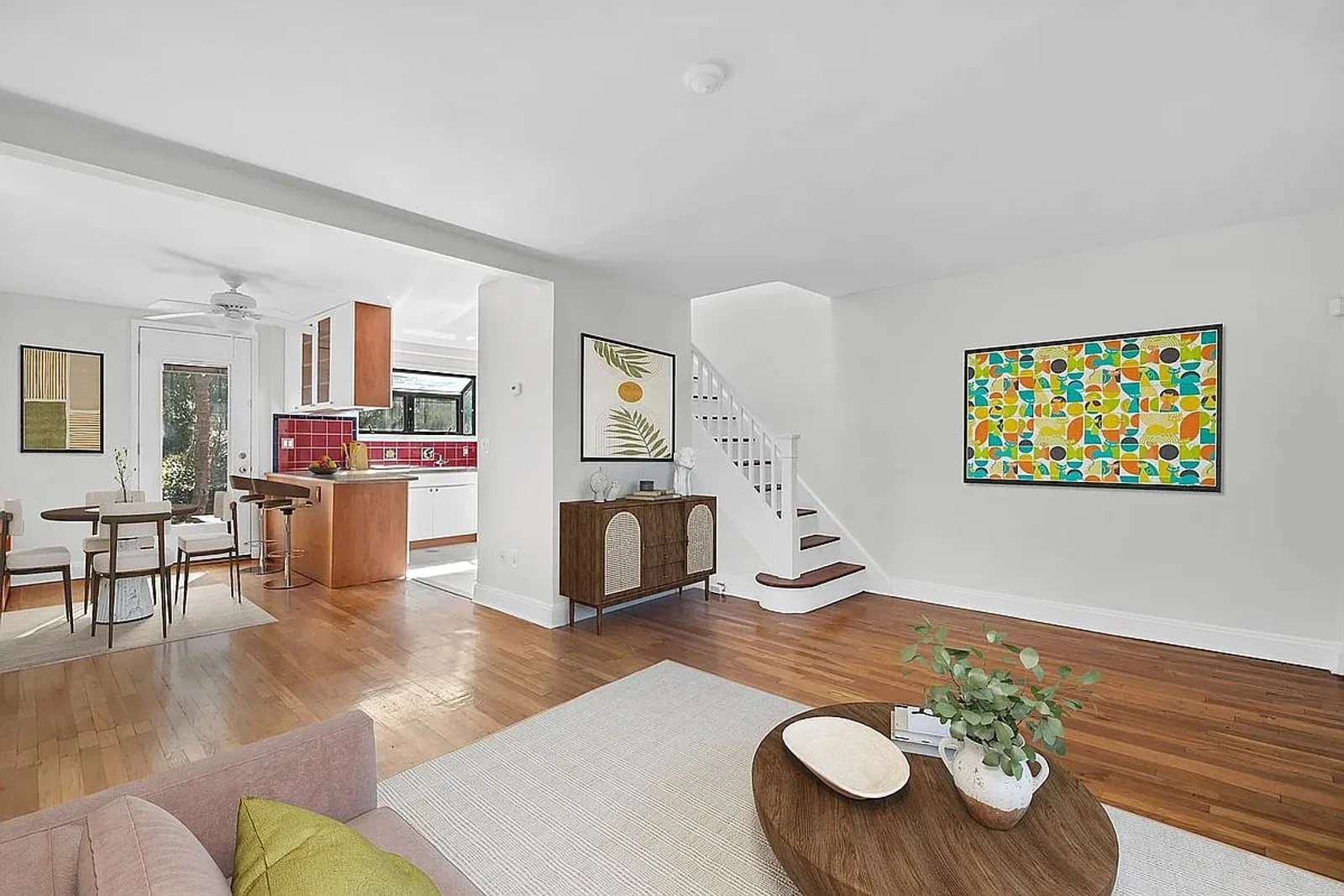 Open living, dining and kitchen spaces